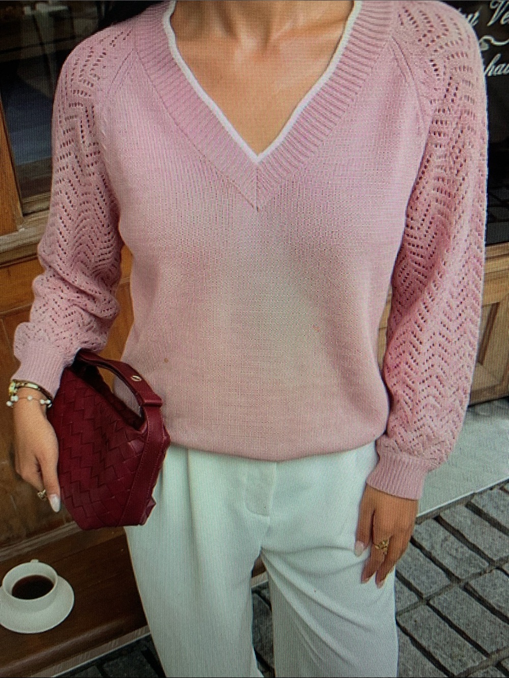 V-Neck Openwork Sleeve Pink Women's Sweater
